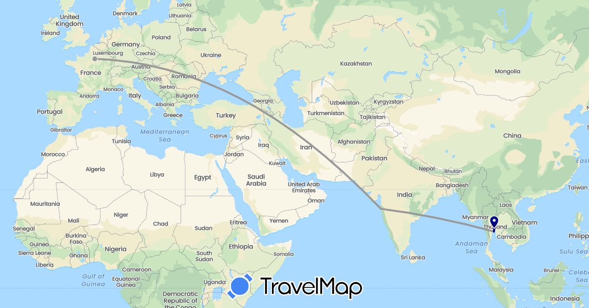 TravelMap itinerary: driving, plane in France, India, Thailand (Asia, Europe)